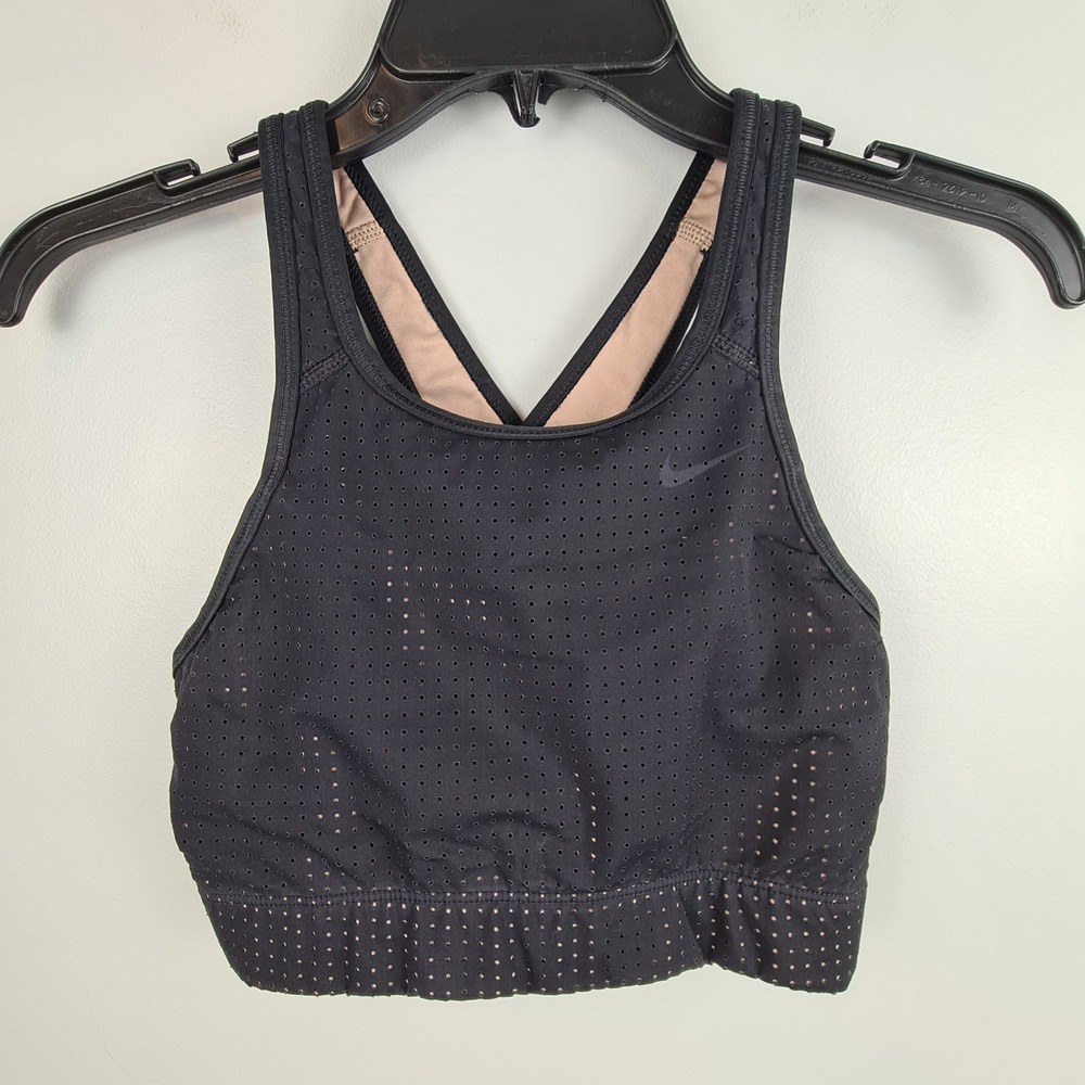 Nike Womens Dri-FIT Perforated Indy Sports Bra Black Khaki Small Crisscross